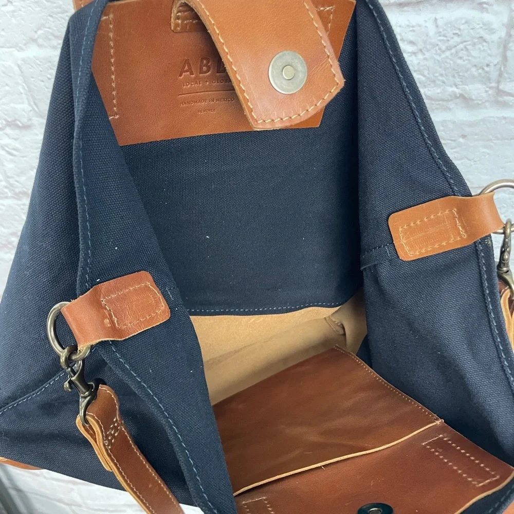 Able Navy Canvas Tote with Tan Leather Trim and Strap